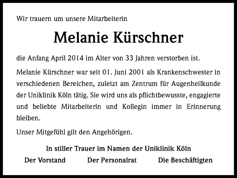  Traueranzeige für Melanie Kürschner vom 26.04.2014 aus Kölner Stadt-Anzeiger / Kölnische Rundschau / Express