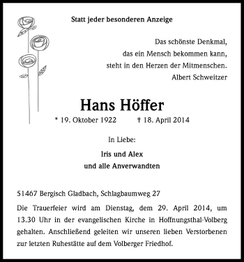 Anzeige von Hans Höffer von Kölner Stadt-Anzeiger / Kölnische Rundschau / Express