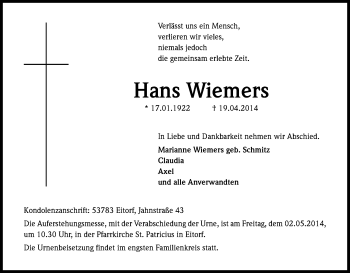 Anzeige von Hans Wiemers von Kölner Stadt-Anzeiger / Kölnische Rundschau / Express