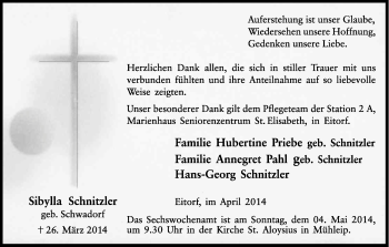Anzeige von Sibylla Schnitzler von Kölner Stadt-Anzeiger / Kölnische Rundschau / Express
