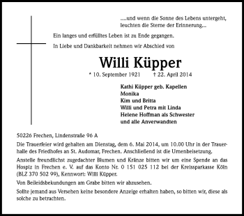 Anzeige von Willi Küpper von Kölner Stadt-Anzeiger / Kölnische Rundschau / Express