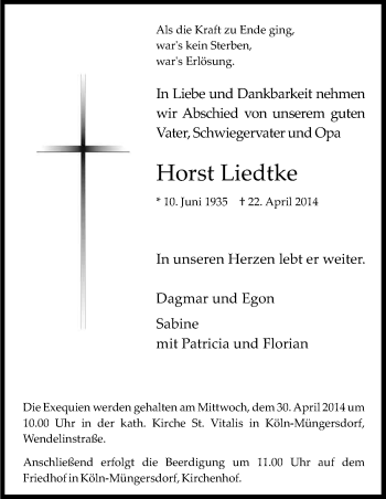 Anzeige von Horst Liedtke von Kölner Stadt-Anzeiger / Kölnische Rundschau / Express