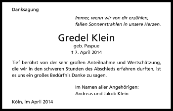 Anzeige von Gredel Klein von Kölner Stadt-Anzeiger / Kölnische Rundschau / Express