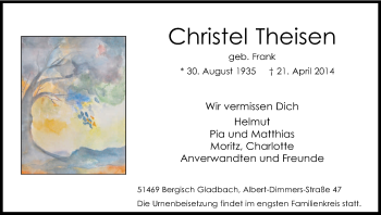 Anzeige von Christel Theisen von Kölner Stadt-Anzeiger / Kölnische Rundschau / Express