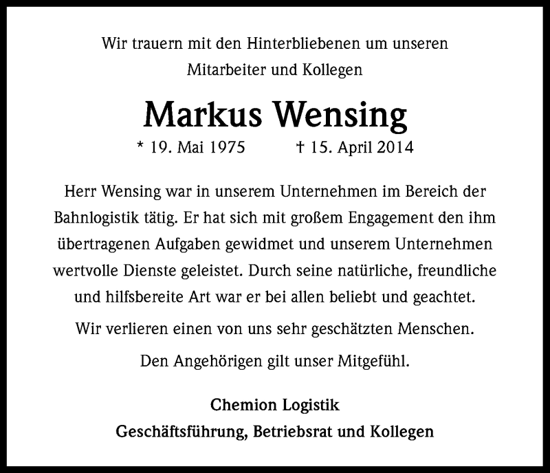 Traueranzeige für Markus Wensing vom 25.04.2014 aus Kölner Stadt-Anzeiger / Kölnische Rundschau / Express