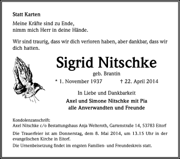 Anzeige von Sigrid Nitschke von Kölner Stadt-Anzeiger / Kölnische Rundschau / Express