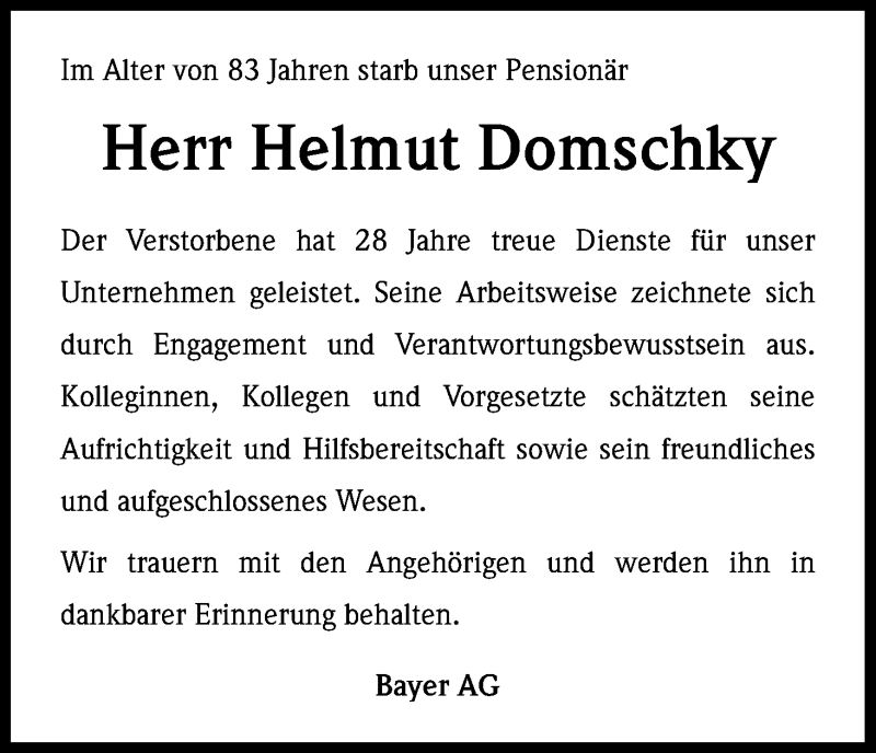  Traueranzeige für Helmut Domschky vom 25.04.2014 aus Kölner Stadt-Anzeiger / Kölnische Rundschau / Express