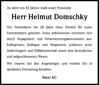 Anzeige von Helmut Domschky von Kölner Stadt-Anzeiger / Kölnische Rundschau / Express