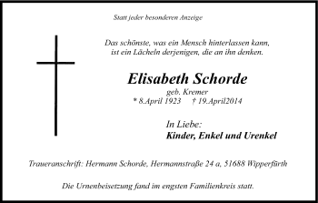 Anzeige von Elisabeth Schorde von Kölner Stadt-Anzeiger / Kölnische Rundschau / Express