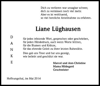 Anzeige von Liane Lüghausen von Kölner Stadt-Anzeiger / Kölnische Rundschau / Express