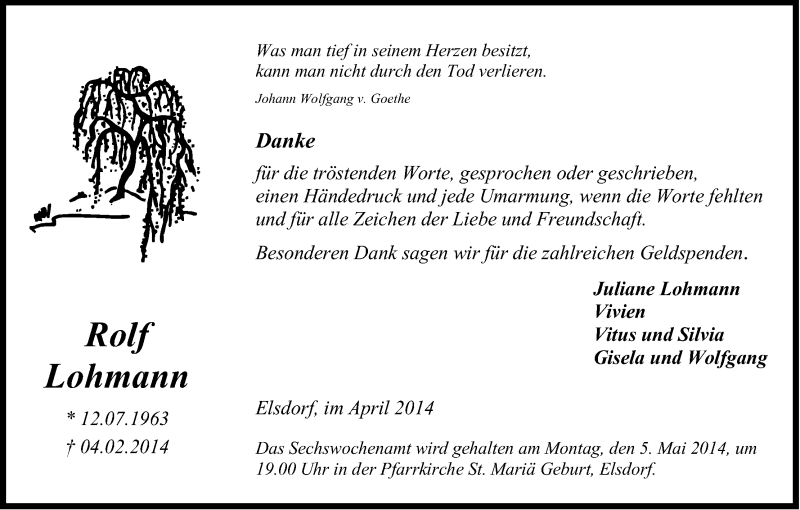  Traueranzeige für Rolf Lohmann vom 03.05.2014 aus Kölner Stadt-Anzeiger / Kölnische Rundschau / Express