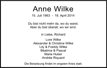 Anzeige von Anne Wilke von Kölner Stadt-Anzeiger / Kölnische Rundschau / Express