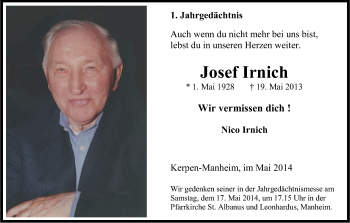 Anzeige von Josef Irnich von Kölner Stadt-Anzeiger / Kölnische Rundschau / Express