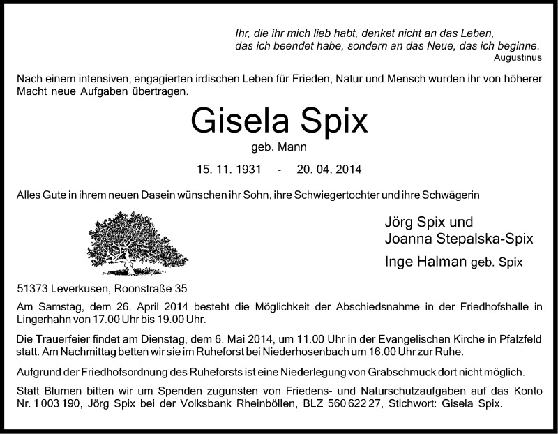  Traueranzeige für Gisela Spix vom 25.04.2014 aus Kölner Stadt-Anzeiger / Kölnische Rundschau / Express