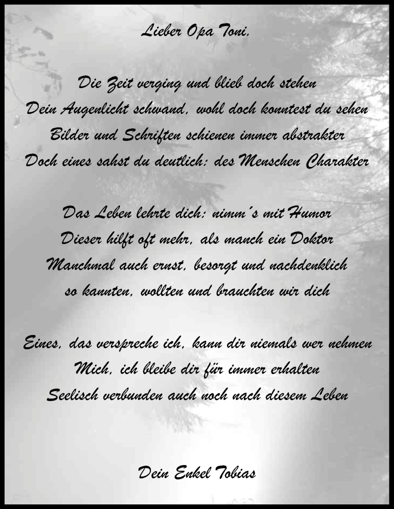  Traueranzeige für Opa Toni  vom 25.04.2014 aus Kölner Stadt-Anzeiger / Kölnische Rundschau / Express