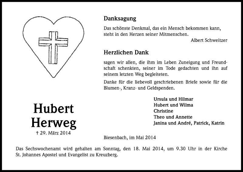  Traueranzeige für Hubert Herweg vom 10.05.2014 aus Kölner Stadt-Anzeiger / Kölnische Rundschau / Express