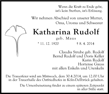 Anzeige von Katharina Rudolf von Kölner Stadt-Anzeiger / Kölnische Rundschau / Express