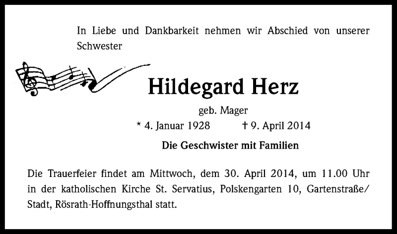  Traueranzeige für Hildegard Herz vom 26.04.2014 aus Kölner Stadt-Anzeiger / Kölnische Rundschau / Express