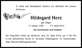 Anzeige von Hildegard Herz von Kölner Stadt-Anzeiger / Kölnische Rundschau / Express