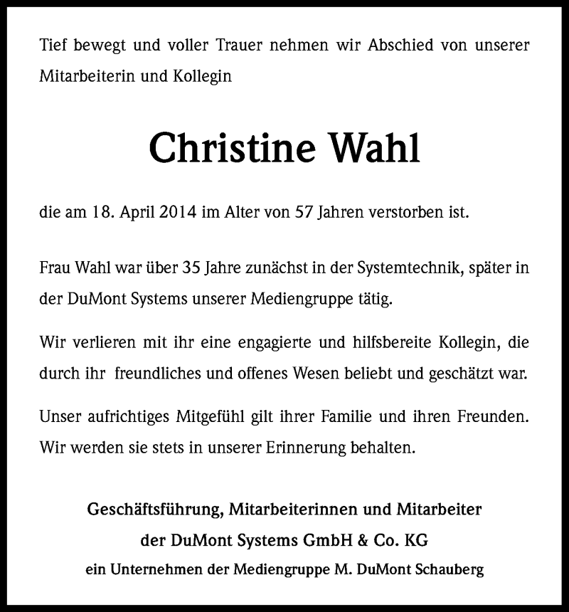  Traueranzeige für Christine Wahl vom 26.04.2014 aus Kölner Stadt-Anzeiger / Kölnische Rundschau / Express