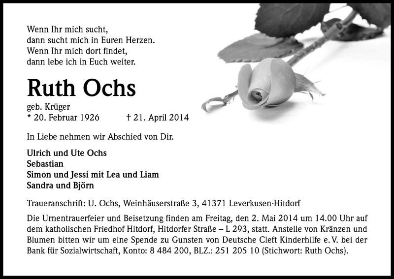  Traueranzeige für Ruth Ochs vom 26.04.2014 aus Kölner Stadt-Anzeiger / Kölnische Rundschau / Express
