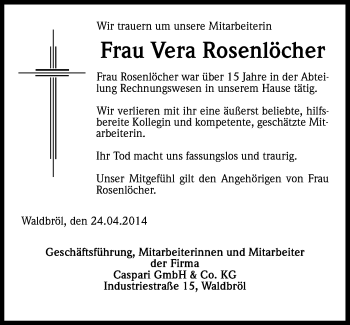 Anzeige von Vera Rosenlöcher von Kölner Stadt-Anzeiger / Kölnische Rundschau / Express