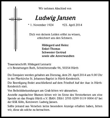 Anzeige von Ludwig Jansen von Kölner Stadt-Anzeiger / Kölnische Rundschau / Express