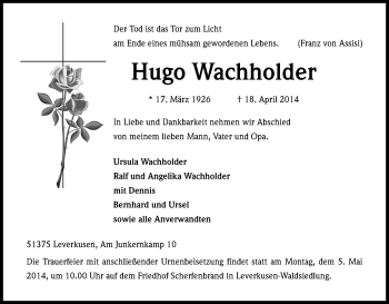 Anzeige von Hugo Wachholder von Kölner Stadt-Anzeiger / Kölnische Rundschau / Express