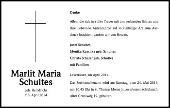 Anzeige von Marlit Maria Schultes von Kölner Stadt-Anzeiger / Kölnische Rundschau / Express