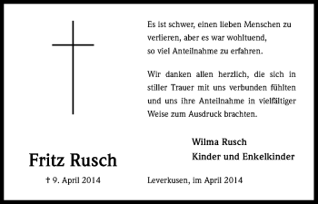 Anzeige von Fritz Rusch von Kölner Stadt-Anzeiger / Kölnische Rundschau / Express