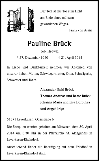 Anzeige von Pauline Brück von Kölner Stadt-Anzeiger / Kölnische Rundschau / Express