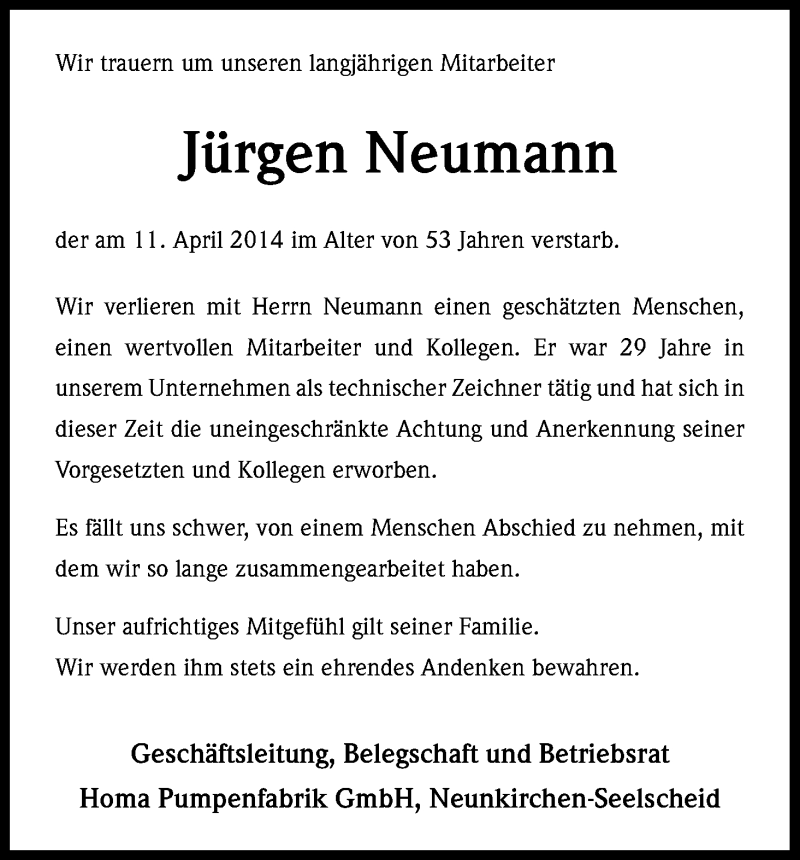  Traueranzeige für Jürgen Neumann vom 26.04.2014 aus Kölner Stadt-Anzeiger / Kölnische Rundschau / Express