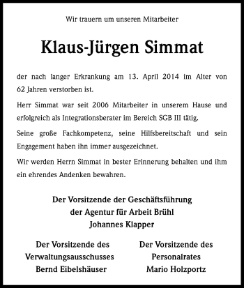 Anzeige von Klaus-Jürgen Simmat von Kölner Stadt-Anzeiger / Kölnische Rundschau / Express