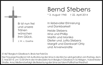Anzeige von Bernd Stebens von Kölner Stadt-Anzeiger / Kölnische Rundschau / Express