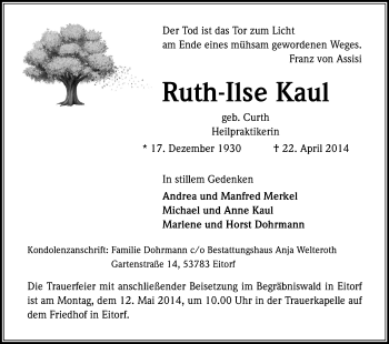 Anzeige von Ruth-Ilse Kaul von Kölner Stadt-Anzeiger / Kölnische Rundschau / Express