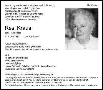 Anzeige von Resi Kraus von Kölner Stadt-Anzeiger / Kölnische Rundschau / Express