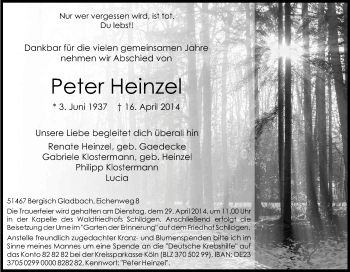 Anzeige von Peter Heinzel von Kölner Stadt-Anzeiger / Kölnische Rundschau / Express
