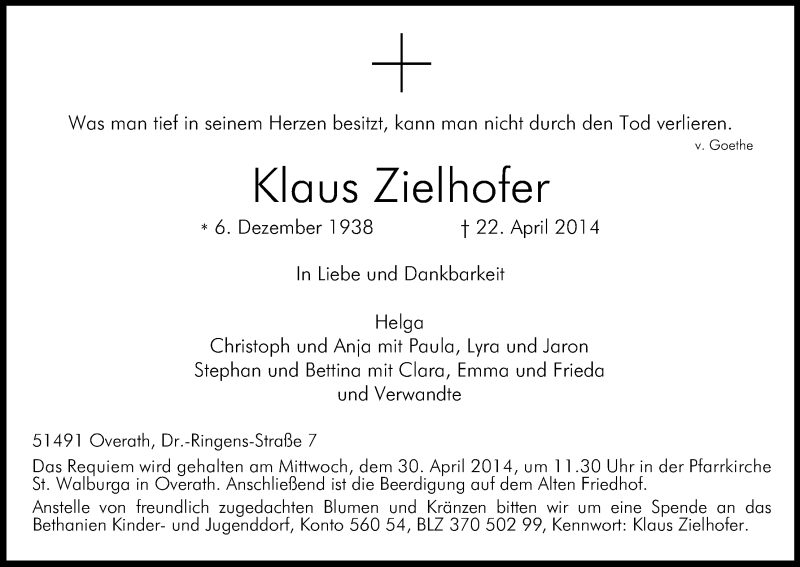  Traueranzeige für Klaus Zielhofer vom 26.04.2014 aus Kölner Stadt-Anzeiger / Kölnische Rundschau / Express