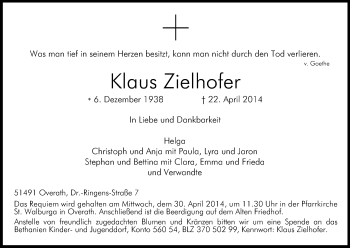 Anzeige von Klaus Zielhofer von Kölner Stadt-Anzeiger / Kölnische Rundschau / Express