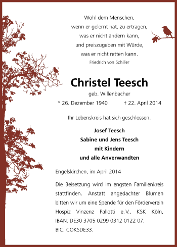Anzeige von Christel Teesch von Kölner Stadt-Anzeiger / Kölnische Rundschau / Express