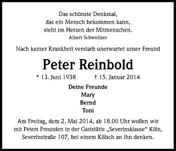 Anzeige von Peter Reinbold von Kölner Stadt-Anzeiger / Kölnische Rundschau / Express