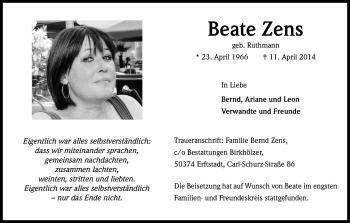Anzeige von Beate Zens von Kölner Stadt-Anzeiger / Kölnische Rundschau / Express