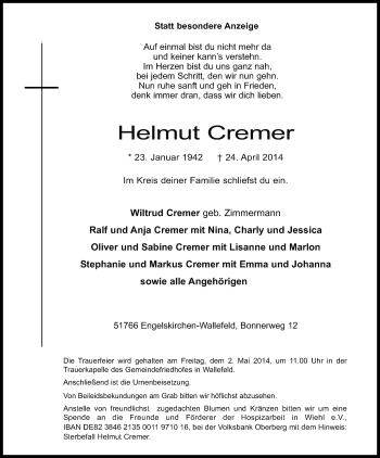 Anzeige von Helmut Cremer von Kölner Stadt-Anzeiger / Kölnische Rundschau / Express