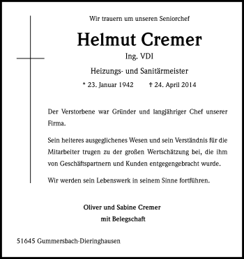 Anzeige von Helmut Cremer von Kölner Stadt-Anzeiger / Kölnische Rundschau / Express
