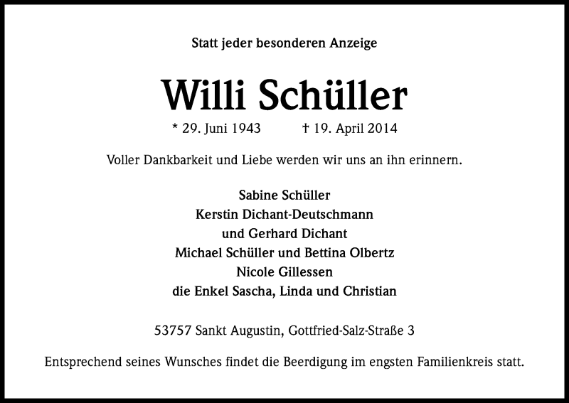  Traueranzeige für Willi Schüller vom 26.04.2014 aus Kölner Stadt-Anzeiger / Kölnische Rundschau / Express