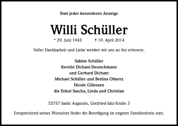 Anzeige von Willi Schüller von Kölner Stadt-Anzeiger / Kölnische Rundschau / Express