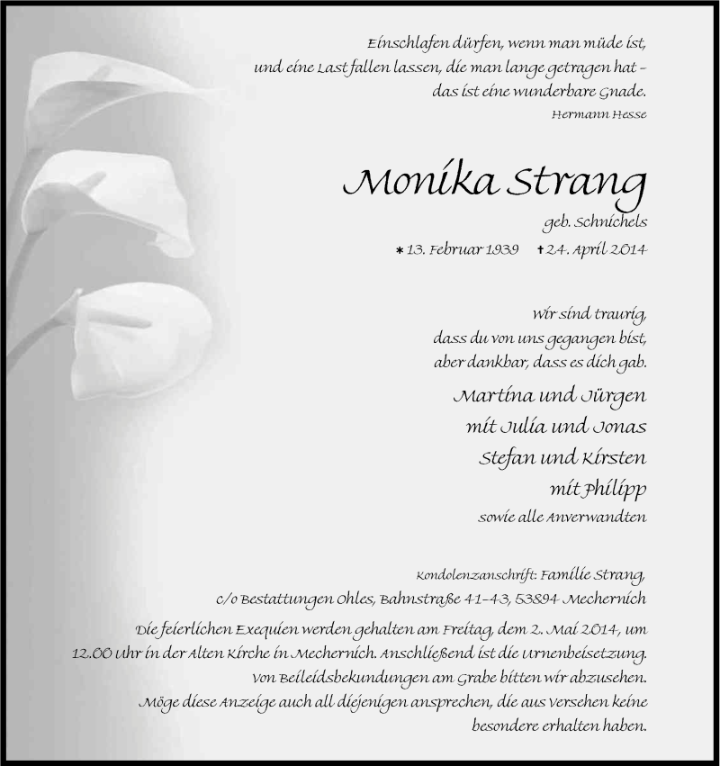  Traueranzeige für Monika Strang vom 26.04.2014 aus Kölner Stadt-Anzeiger / Kölnische Rundschau / Express