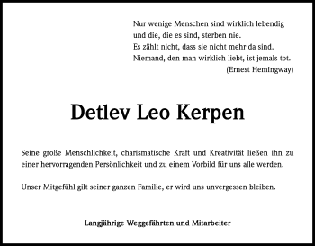 Anzeige von Detlev Leo Kerpen von Kölner Stadt-Anzeiger / Kölnische Rundschau / Express
