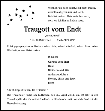 Anzeige von Traugott vom Endt von Kölner Stadt-Anzeiger / Kölnische Rundschau / Express