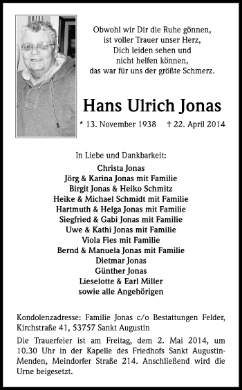 Anzeige von Hans-Ulrich Jonas von Kölner Stadt-Anzeiger / Kölnische Rundschau / Express